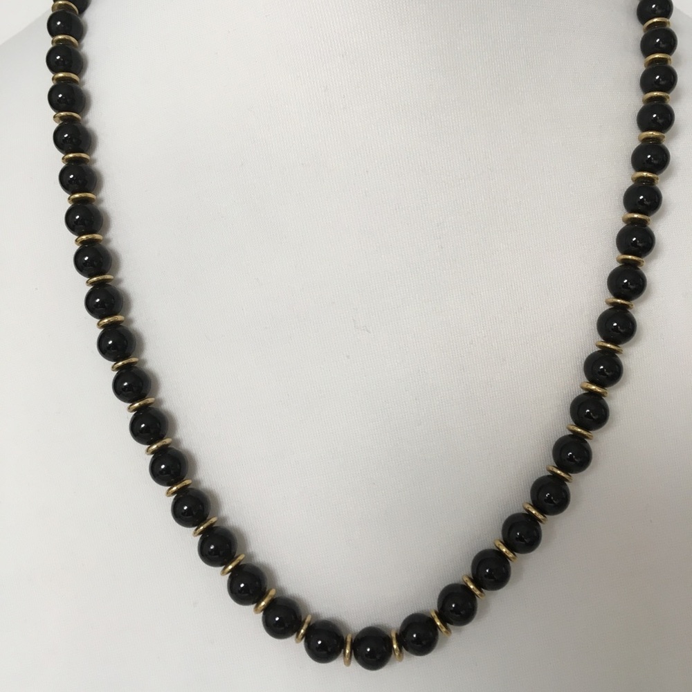 Long black and gold tone necklace 30 inches
